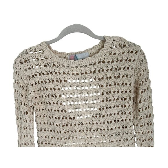 Free People Beach Crop Top Crochet Knit Open Back & Adjustable Tie Beige Long Sl - Picture 6 of 10